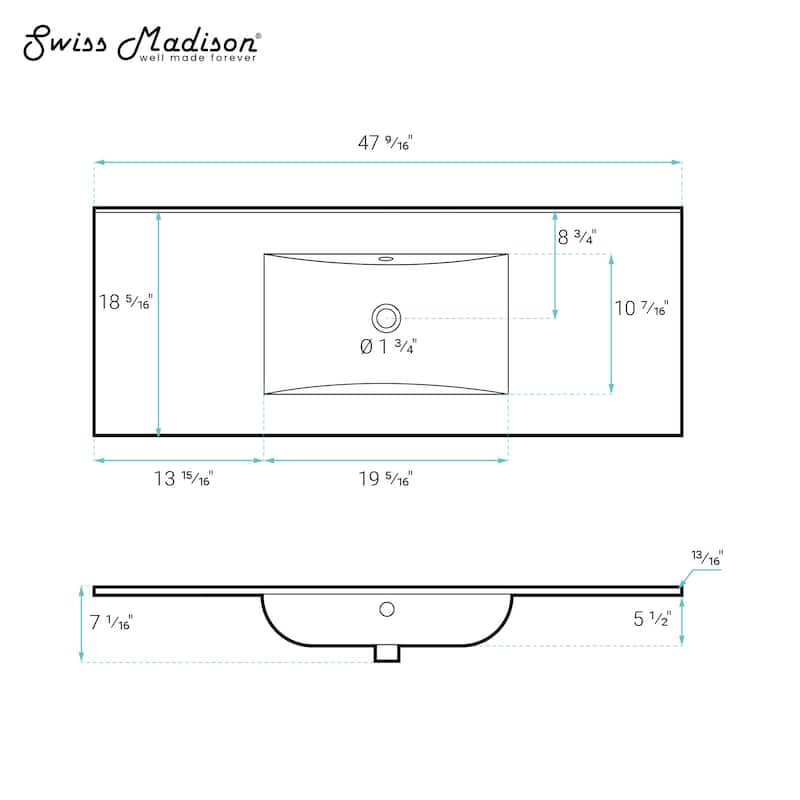 48" Zero Hole Vanity Sink Top In Glossy White - 48