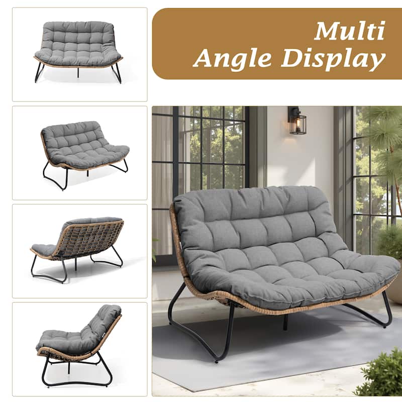 VredHom PE Rattan Double Papasan Chair Loveseat with Cushion for Indoor Outdoor