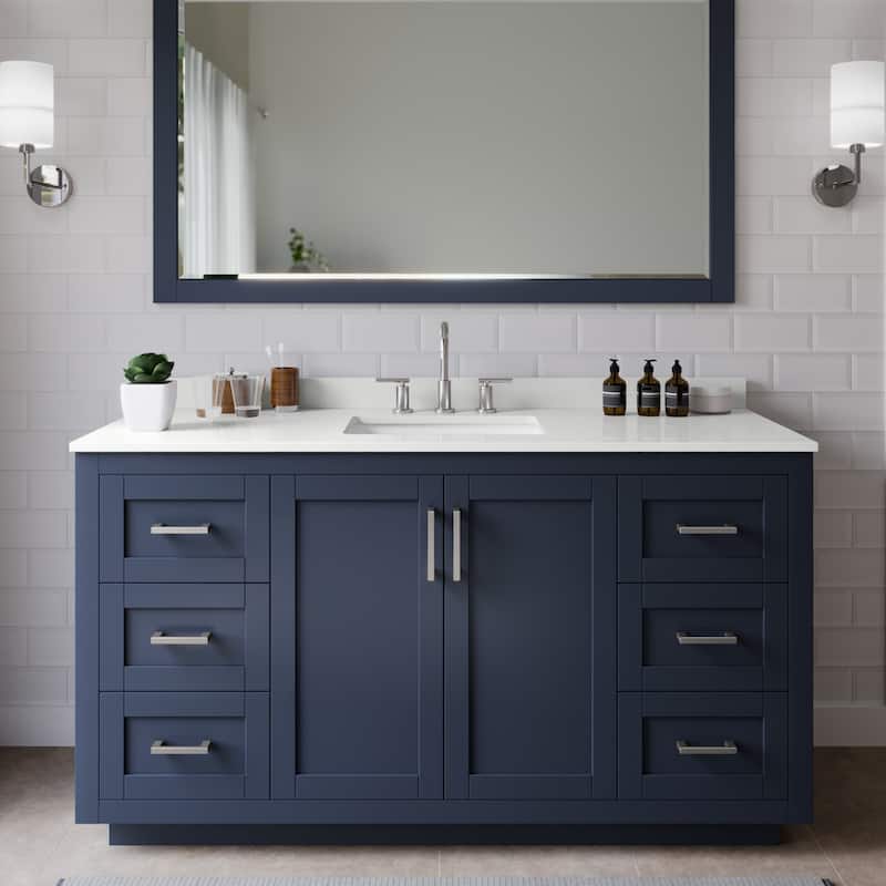 Wyndham Collection WCF292960S-QTZ-US3MXX Miranda 60" Free Standing - Dark Blue / White Quartz Top / Brushed Nickel