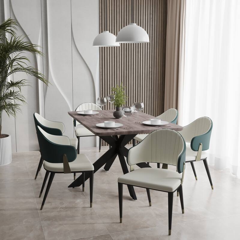 7-Piece Dining Set with 63-Inch Rectangular MDF Dining Table and 6 Leather Arm Chairs