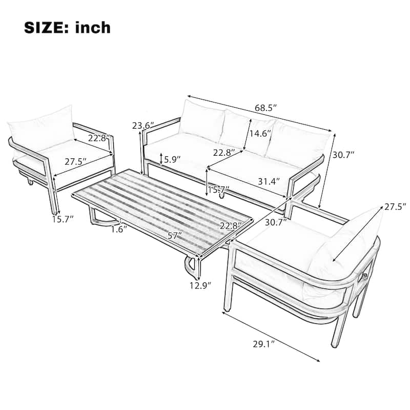 Roomfitters 4-Piece Outdoor Steel Sofa Set with Coffee Table, 3-Seater Couch and 2 Armchairs for Patio Garden