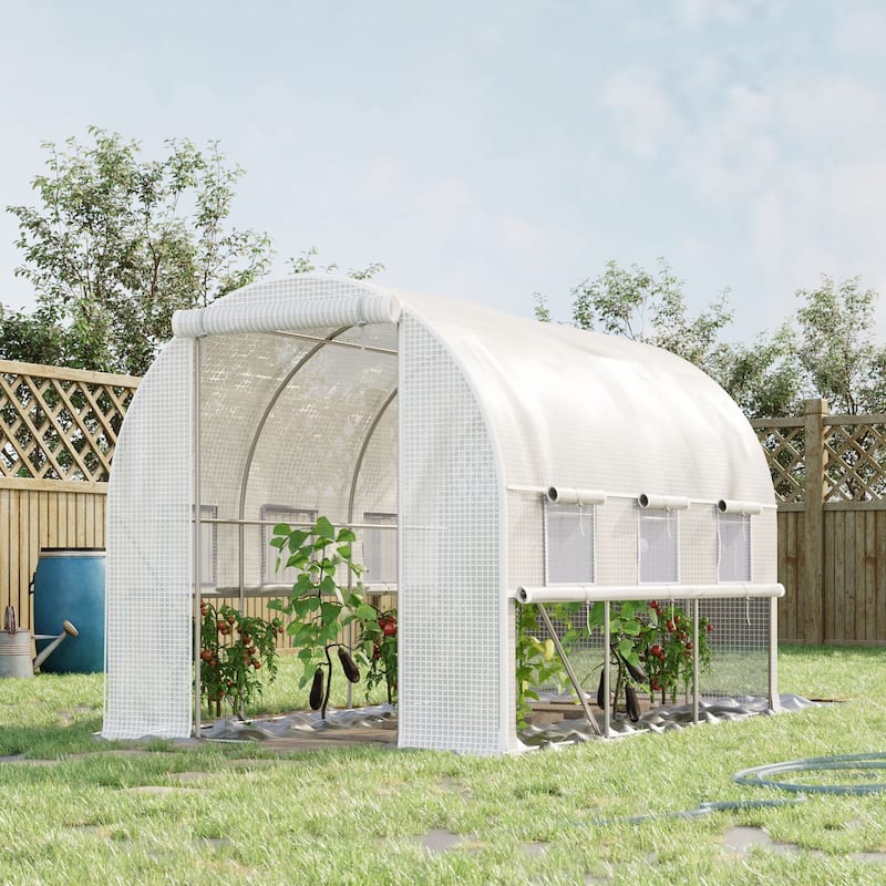 Outsunny 9.7' x 6.5' x 6.5' Walk-in Tunnel Greenhouse, Outdoor Plant Nursery with Quality PE Cover, Zipper Doors White -  116.25" L x 78.75" W x 78.75" H;  - Steel