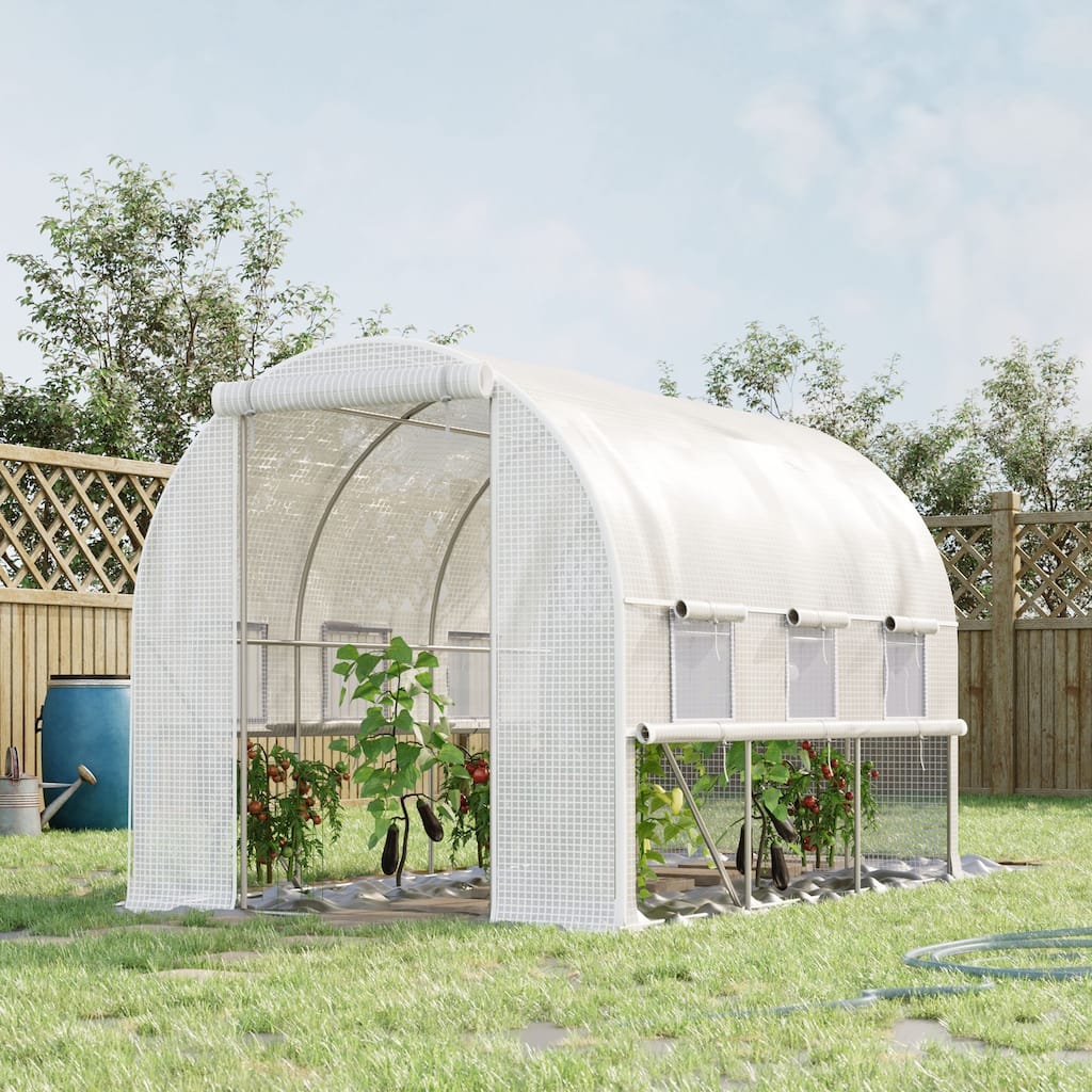 Outsunny 10' x 7' x 7' Walk-in Tunnel Greenhouse, Outdoor Plant Nursery with Quality PE Cover, Zipper Doors White