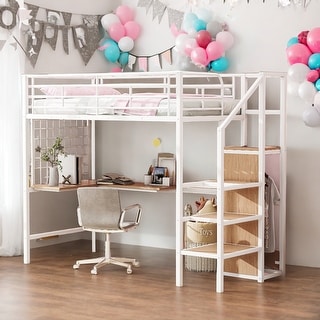 Twin Size Metal Loft Bed with Desk and Metal Grid, Stylish Metal Frame Bed with Lateral Storage Ladder and Wardrobe
