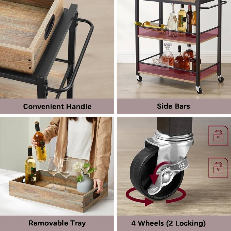 3-Tier Kitchen Serving Cart on Wheels with Storage, Leveling Feet