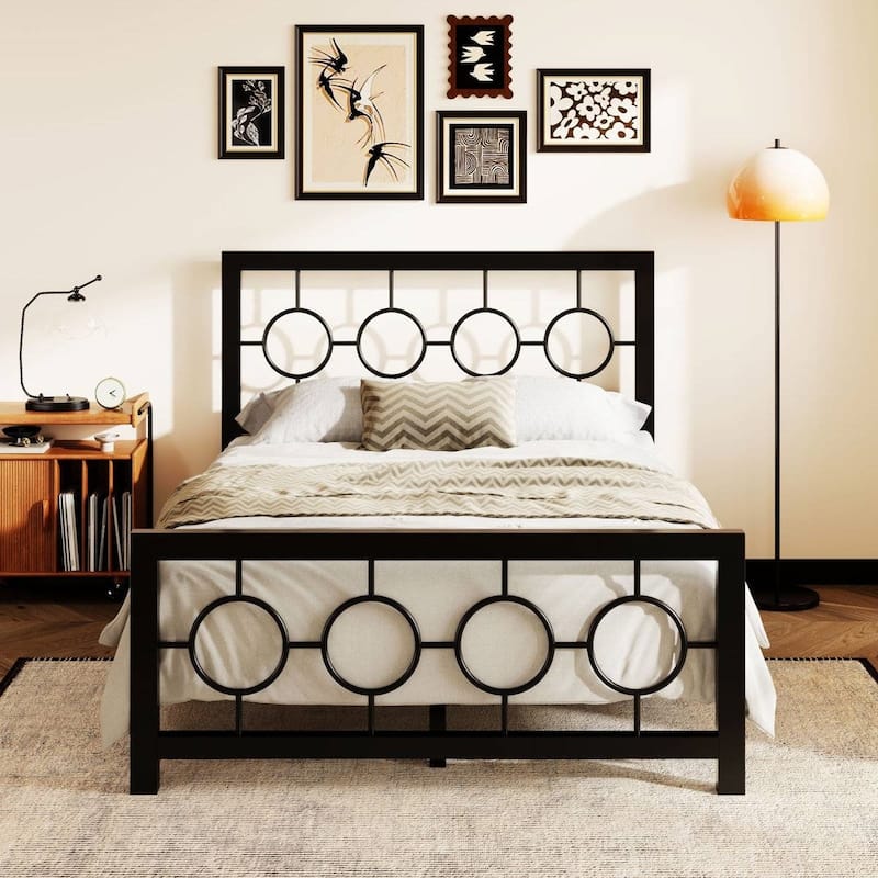 Art Deco Metal Platform Bed Frame with Openwork Headboard and Footboard Modern Iron Slat Support