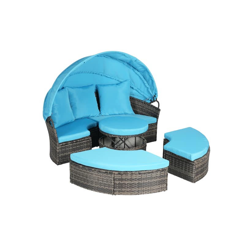 Outdoor Rattan Daybed Round Sunbed with Retractable Canopy, 5 Piece Sectional Patio Conversation Set with Storable Table