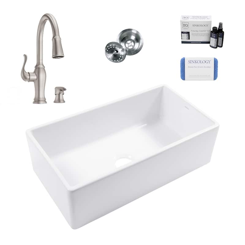 Austen Crisp White Fireclay 33" Farmhouse Apron Front Undermount Single Bowl Kitchen Sink with Maren Stainless Faucet Kit