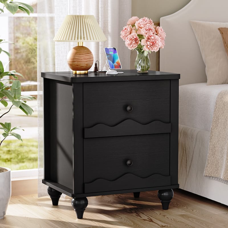 Modern Nightstand with Charging Station, Side End Table with 2 Drawers - Black - 2-drawer