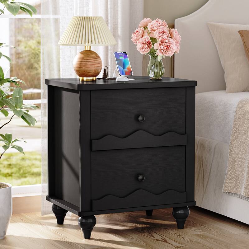 Narill Wave-Inspired Nightstand with Charging Station, Side End Table with 2 Drawers