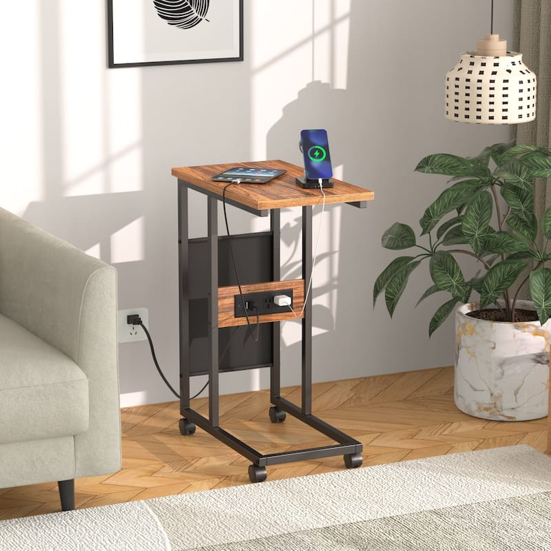 VECELO Coffee Table Set of 2 Coffee Tables and Side Table Set with Charging Station C Shaped End Table with Wheels