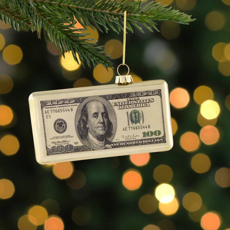 4.5" Gold 100 Dollar Bill Glass Christmas Ornament