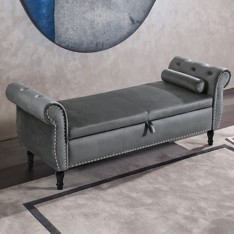 Velvet Bench Sofa Stool, Storage Ottoman Long Sofa Bench with Buttons Tufted Nailhead Trimmed, Solid Wood Legs & 1 Pillow