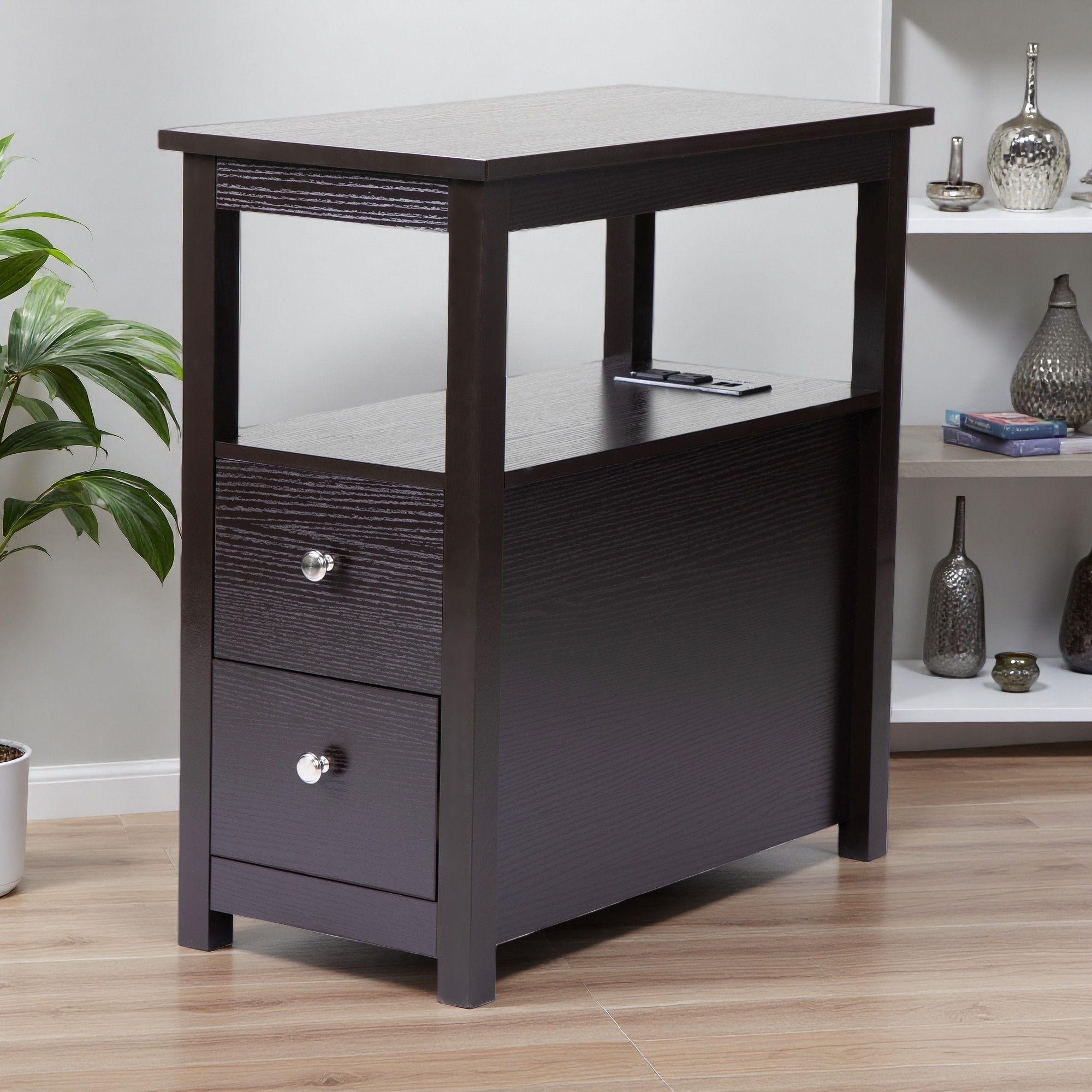 11.81"L MDF & Pinewood Transitional Nightstand with USB Charging Station, 2 Drawers & Open Shelf Wooden Bedside End Table