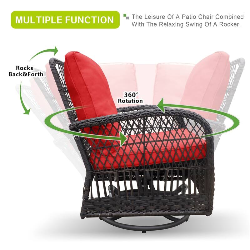 360-Degree Patio Wicker Swivel Rocker Chairs Set,w/Cushions and Table
