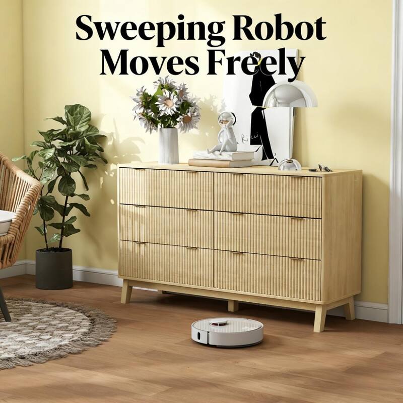 6 Drawer Dresser for Bedroom Fluted Panel Design Modern Storage with Gold Pulls