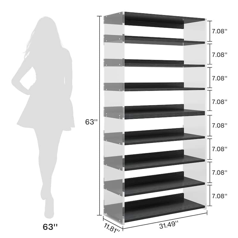 9-Tier Wood Shoe Storage Rack with Acrylic Side for Entryway