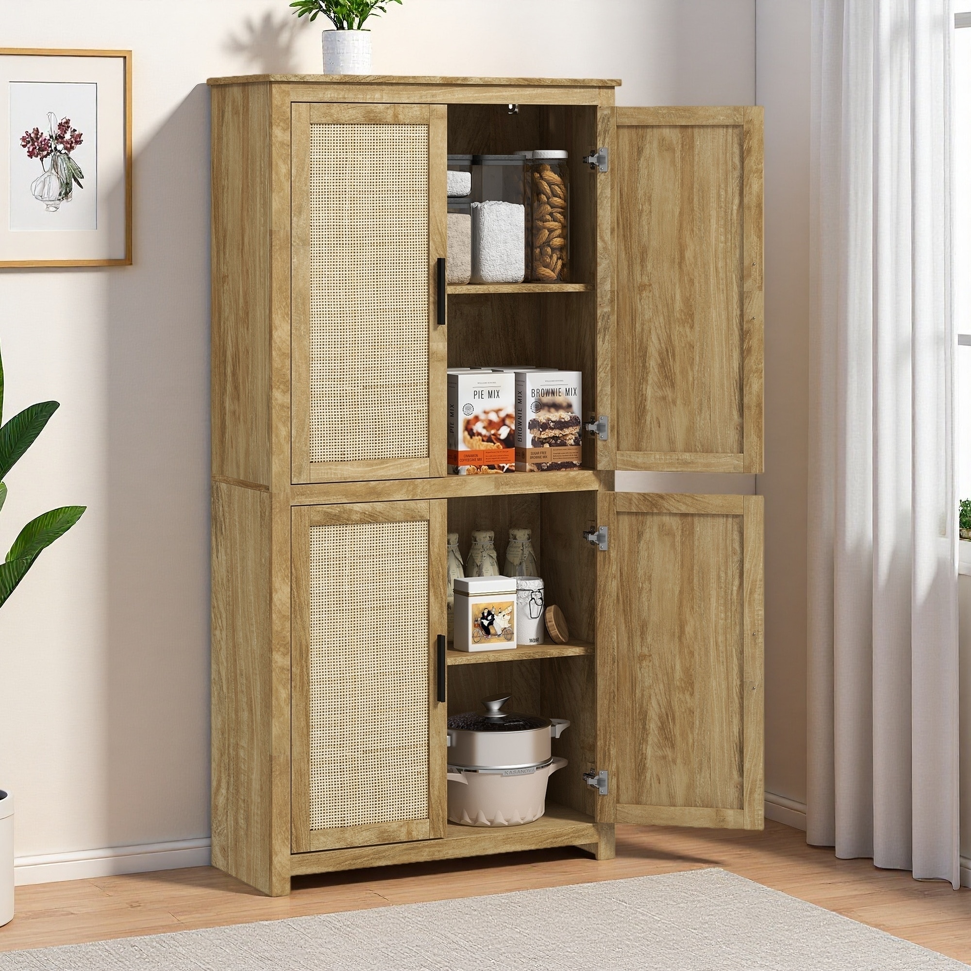 64"H Bohemian Storage Cabinet with Rattan Doors & Adjustable Shelf