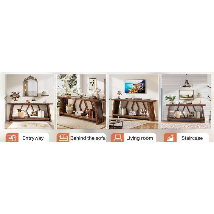 70.9" Extra Long Farmhouse Console Table, 2-Tier Narrow Entryway Sofa Table with Storage Shelves, Industrial Accent Table