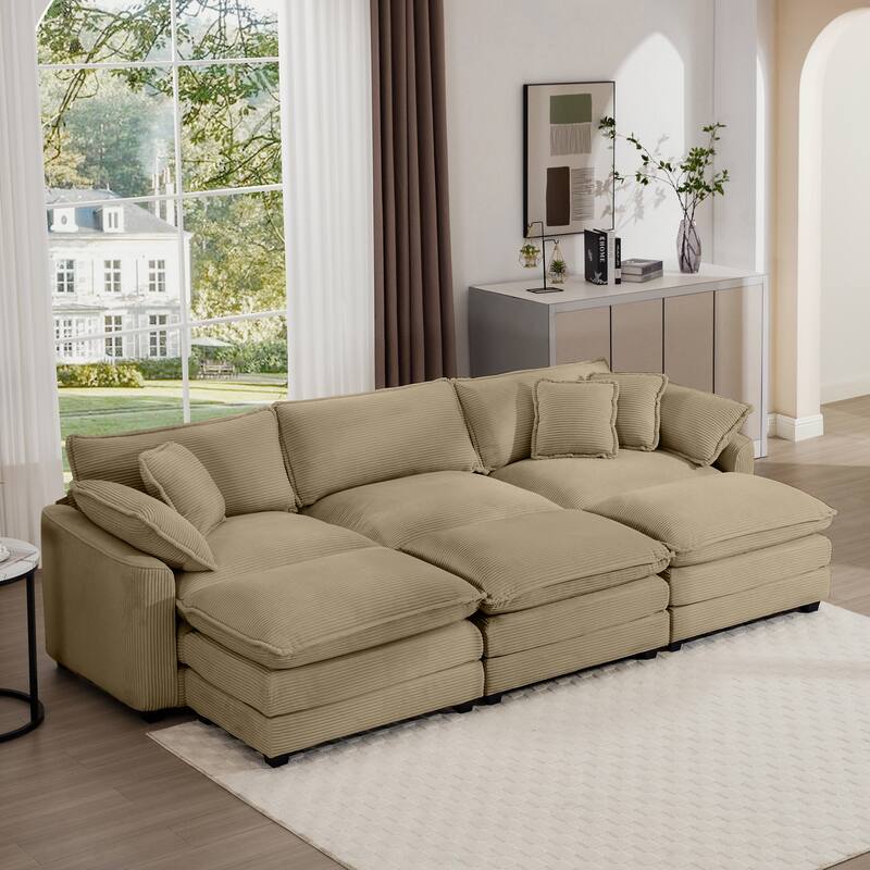 Oversized Corduroy Sofa with 3 Ottomans, Modular Set for Living Room, Convertible Sleeper - Tan