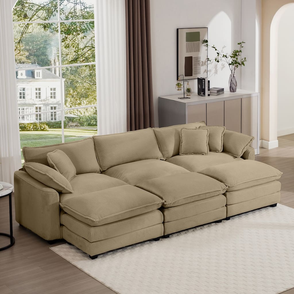 Tan Oversized Corduroy Cloud Upholstered Modular Sleeper Sofa with 3 Removable Ottoman and 5 Pillows
