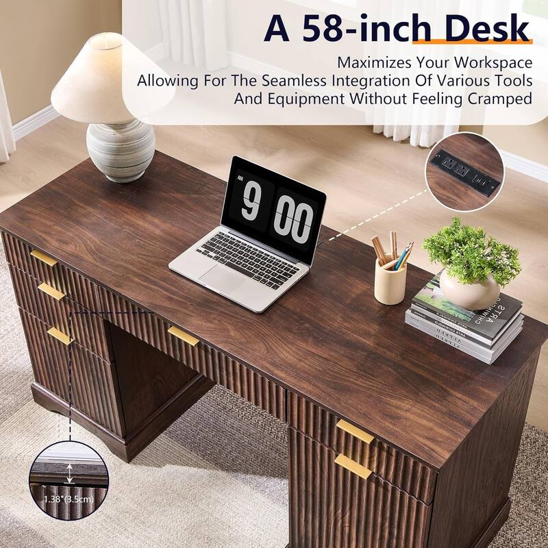58" Modern Executive Desk with Storage, Wood Home Office Desk