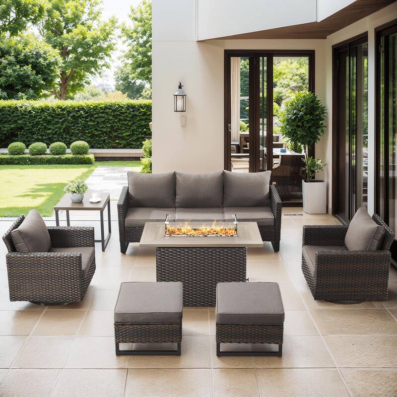 Outdoor Fire Pit Table with Patio Funiture - Brwon Wicker Grey Cushion - 7PCS Sofa Chair Ottoman w/ Fire Table