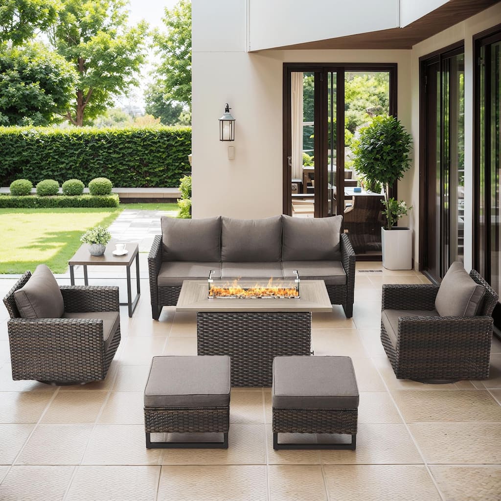 Outdoor Sofa Chairs Ottomans and Fire Table Brown-Grey - Brown