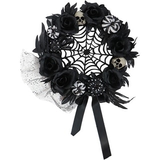Haunted Hill Farm 15-In. Halloween Black and White Floral Wreath Pumpkins, Skulls, and Spiderweb for Haunted House Decoration