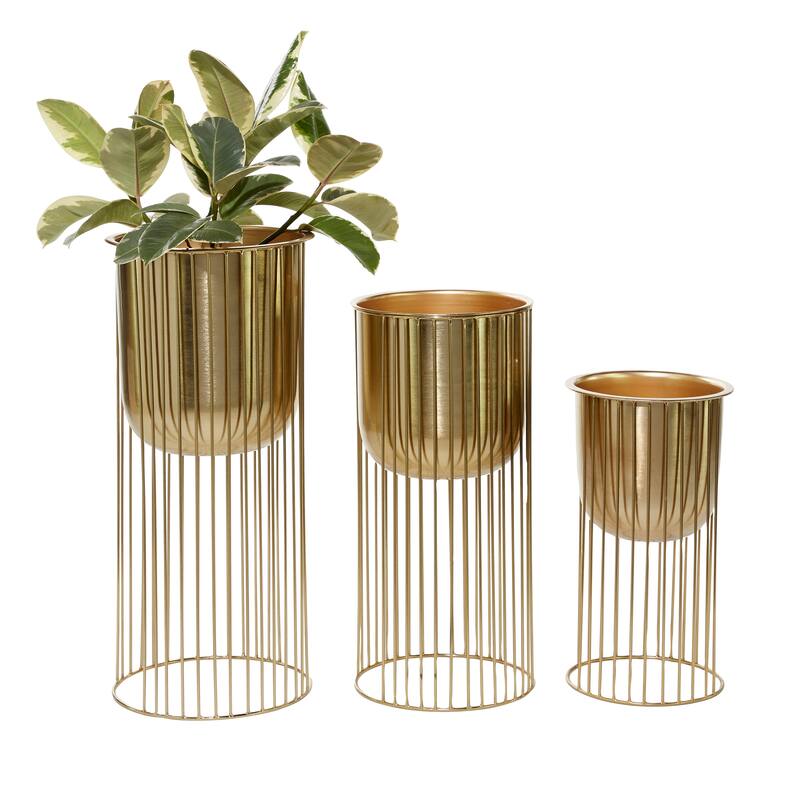 Gold Metal Deep Recessed Dome Indoor Outdoor Planter with Elevated Caged Stand (Set of 3)