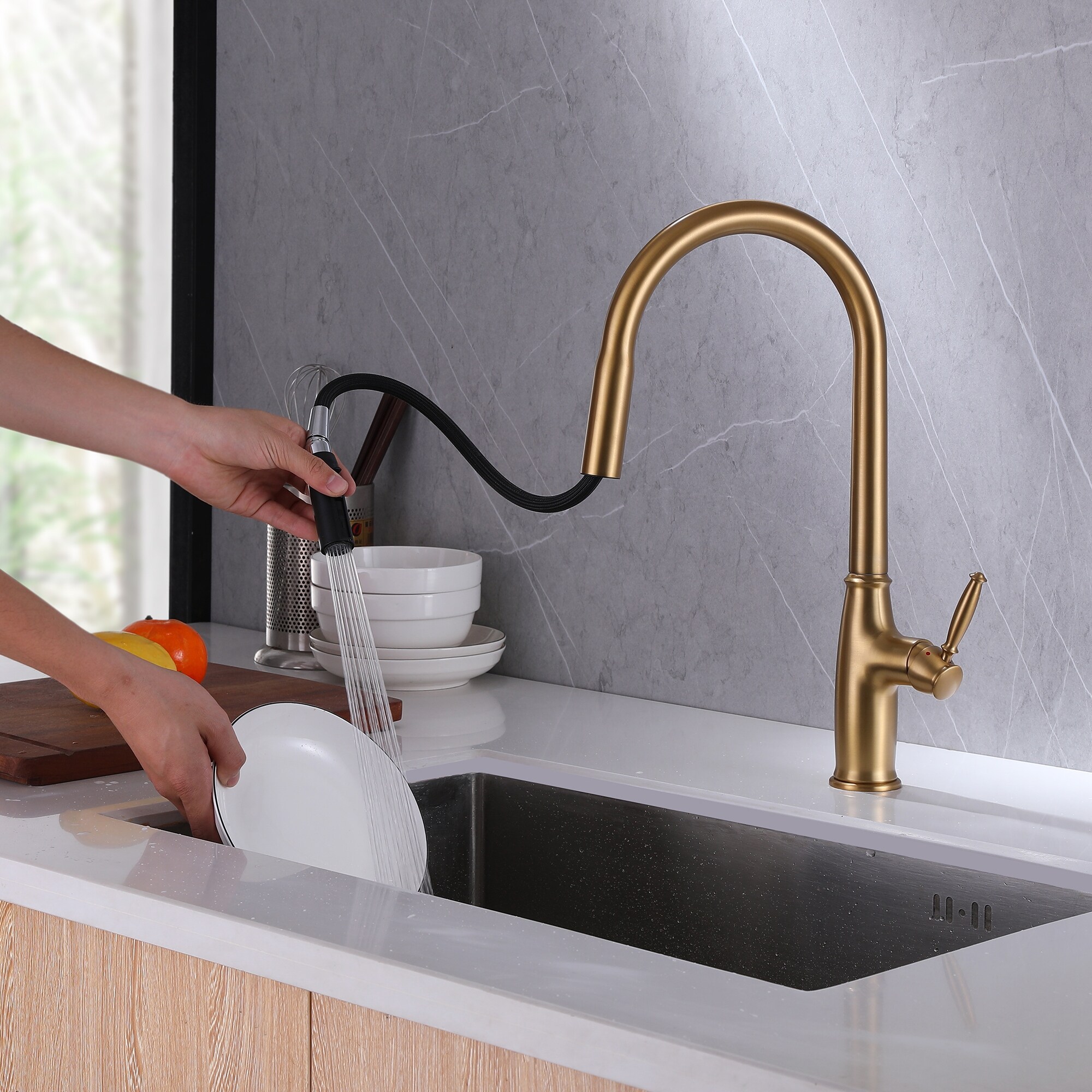 Commercial Kitchen Sink Faucet Brushed Gold Single Hole Kitchen Faucets  With Pull Down Sprayer Stainless Steel Basin Laundry Tap - On Sale - Bed  Bath & Beyond - 36152173