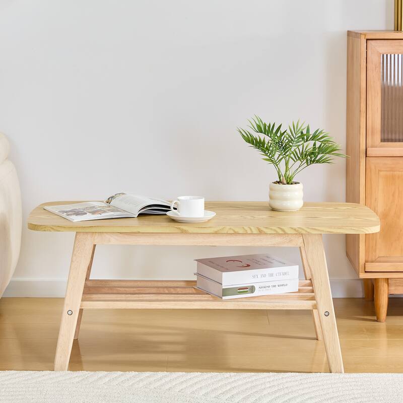 Solid Wood Coffee Table - 2-Tier Wooden Center Coffee Table with Storage Shelf for Living Room, Apartment, and Office