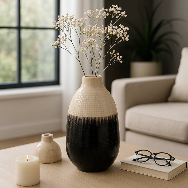 Sagebrook Home Alondra Unique Stoneware Vase with Lid, White, Novelty, Two-tone, Enrich Your Home Decor - White - 7" x 7" x 12"