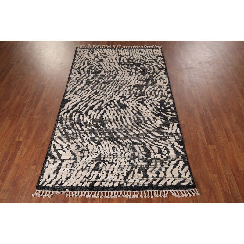 Black Ivory Moroccan Abstract Area Rug Hand-Knotted Wool Carpet - 5'0"x 8'5"
