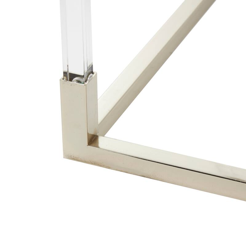 Silver Metal Cube Shaped Side End Accent Table with Clear Glass Top and Acrylic Legs