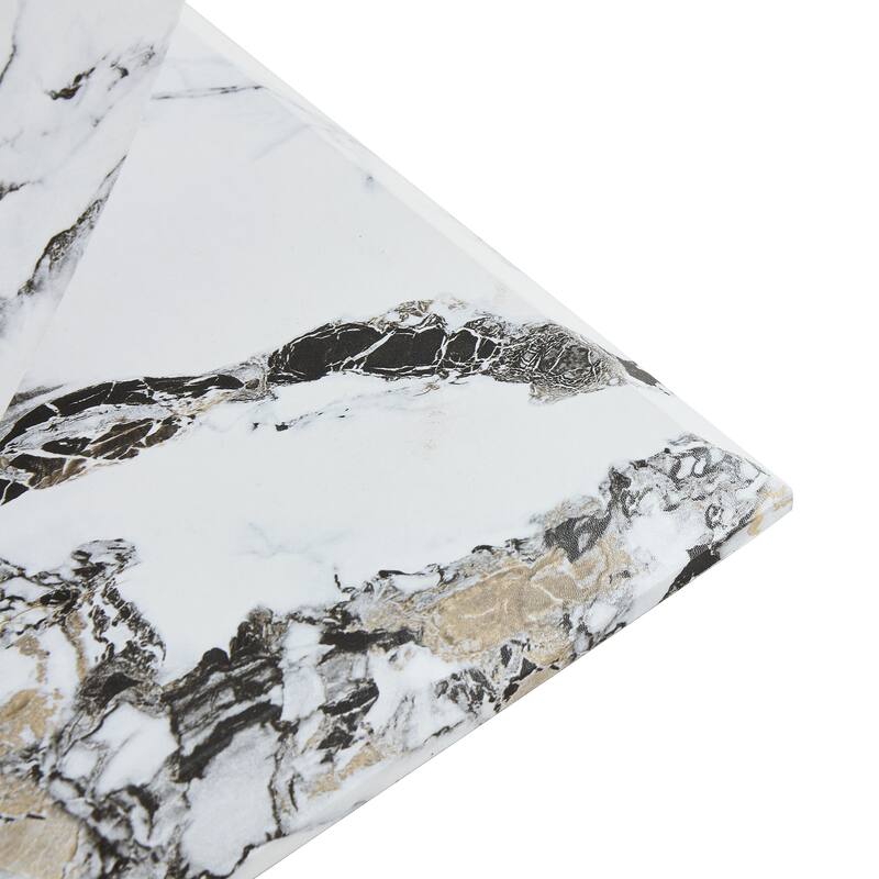 Roomfitters Glass Coffee Table with Marble Pattern MDF Legs and Steel Columns, Modern Gaming or Office Desk, White Marble
