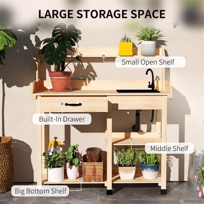 Garden Work Bench with Sink, Faucet, Storage Shelves & Hooks - 45.25" W x 17.75" D x 48.5" H