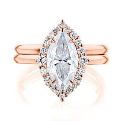 Annello by Kobelli - The 2ct Margaux 14k Solid Gold Moissanite & Lab Grown Diamond Rococo Halo Plain Band Bridal Set