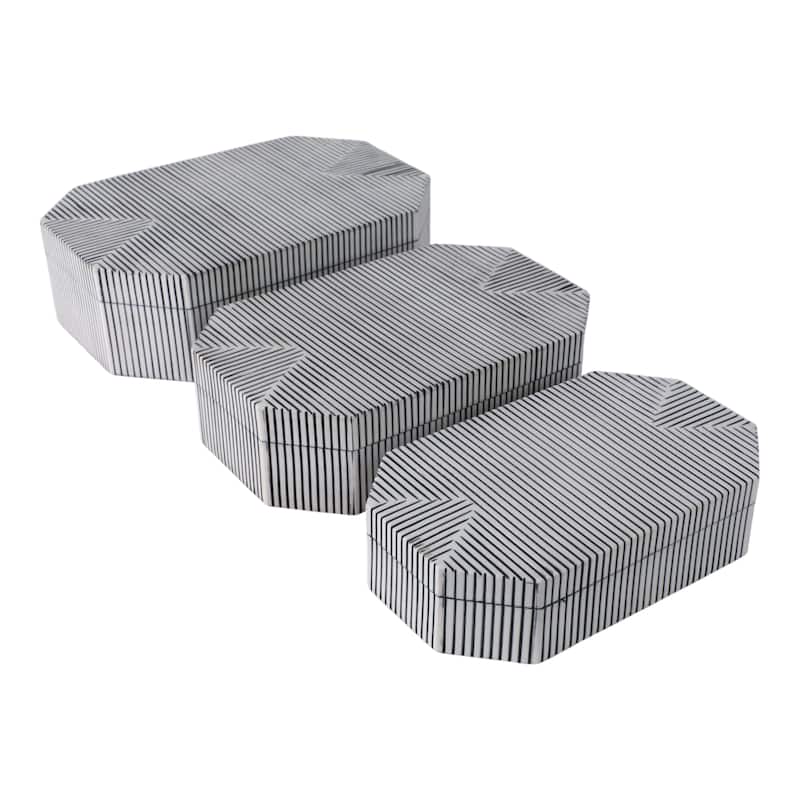 Resin Wood Decorative Box Striped Home Office (Set of 3) - 3/4" Black - 12" x 8" x 4"