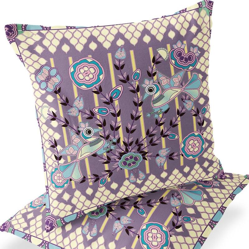 HomeRoots Set of Two 16" X 16" Blue and Purple Peacock Blown Seam Floral Indoor Outdoor Throw Pillow - 16.00' X '16.00' X '5.00