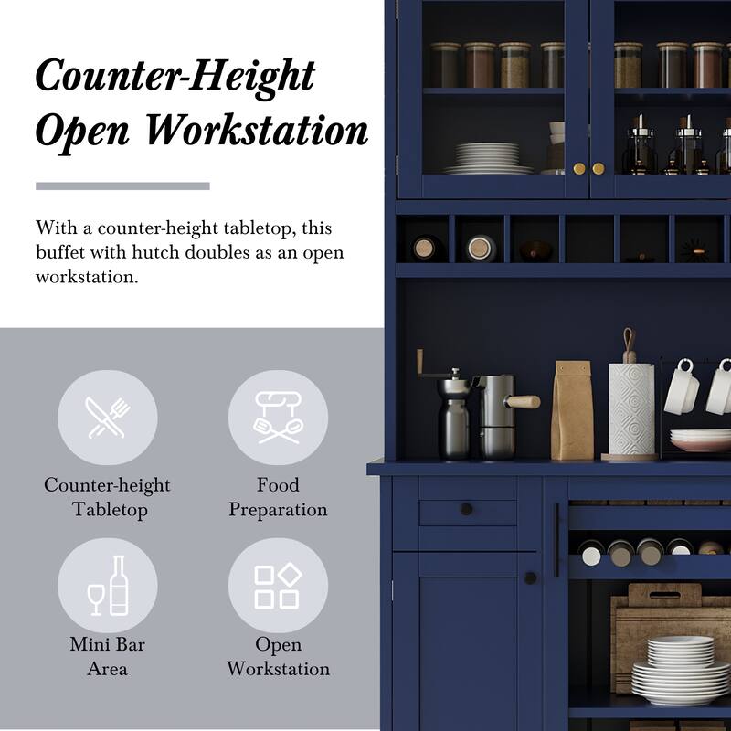 Farmhouse 35" Freestanding Buffet with Hutch, Tall Kitchen Pantry Cabinet with Wine Rack, Drawer, and Adjustable Shelves