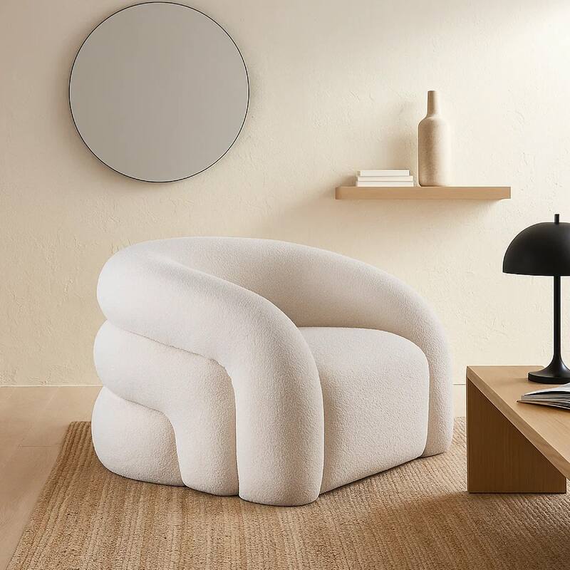 Veny Swivel Accent Chair, Ivory Sherpa Fabric, Curved Barrel Back