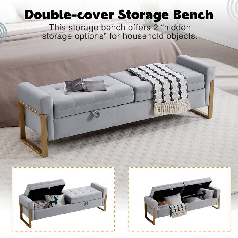 66" Storage Bench King Size End of Bed with Double Lids and Gold Legs