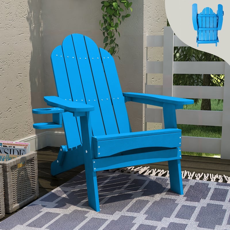 Eco-Friendly Patio Folding HDPS Plastic Outdoor Adirondack Chairs With Cup Holder - 35"D x 30"W x 36.2"H