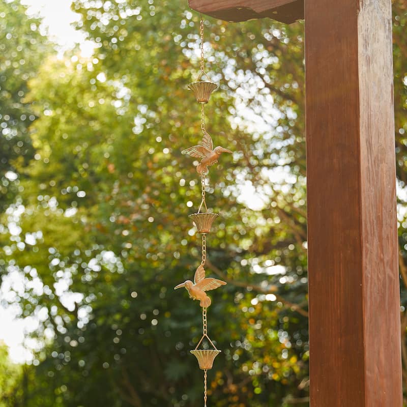Glitzhome 8.5ft 15-Piece Faux Copper Patina Finish Bird and Cup Shaped Rain Chain with V-Shaped Gutter Clip