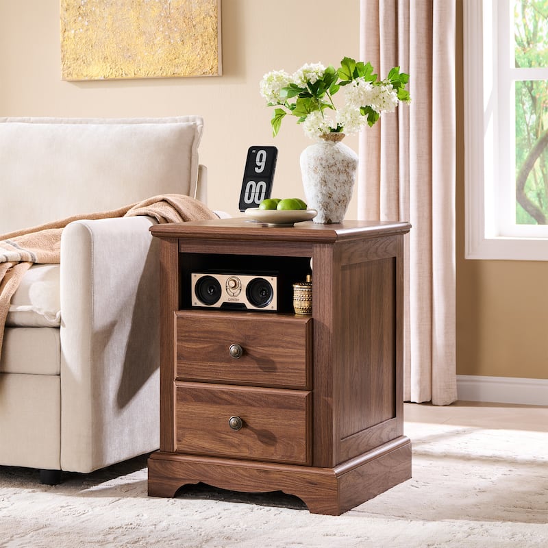 Vintage Wood Nightstand with Charging Station, End Table, Side Table
