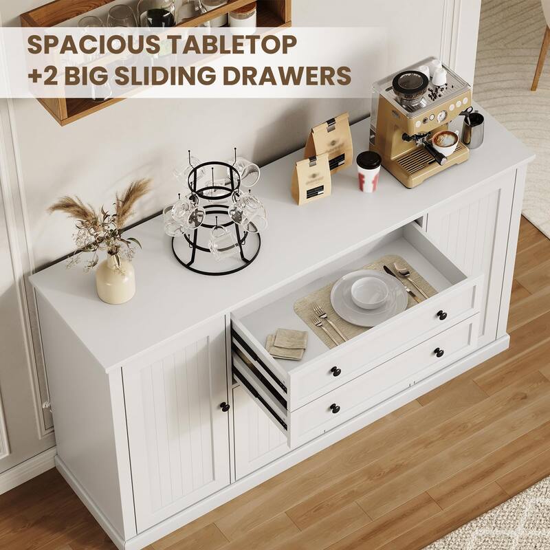 58" Farmhouse Buffet Cabinet, Sideboard Buffet Storage Cabinet with 2 Large Drawers and 4 Grooved Barn Doors