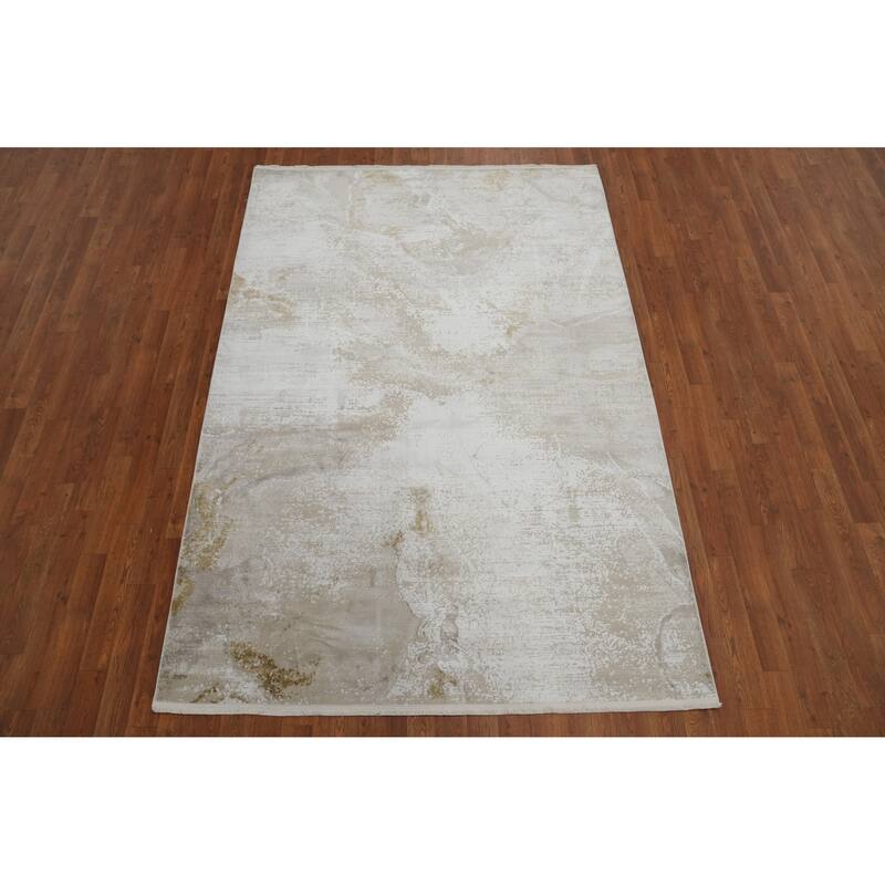 Machine Made Oriental Polyester Carpet Abstract Beige & Ivories Distressed Area Rug - 7' 5'' X 5' 2''
