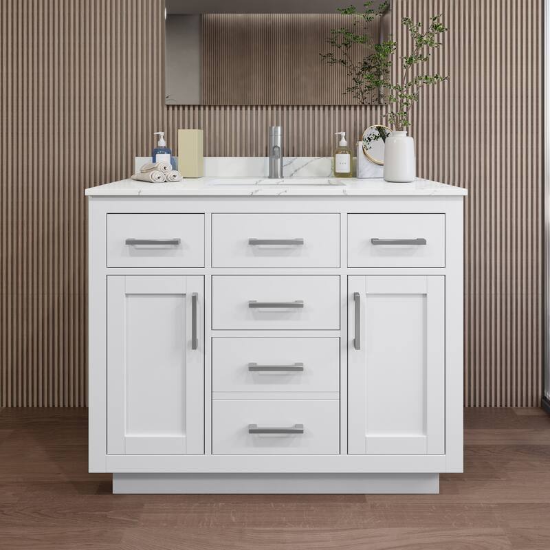 Wyndham Collection WCG262642S-QTZ-UNSMXX Beckett TK 42" Free Standing - White / Giotto Quartz Top / Brushed Nickel