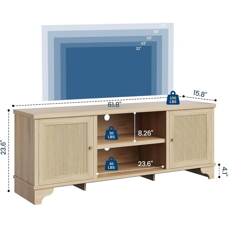 Boho TV Stand, with 2 Cabinets & Open Shelf